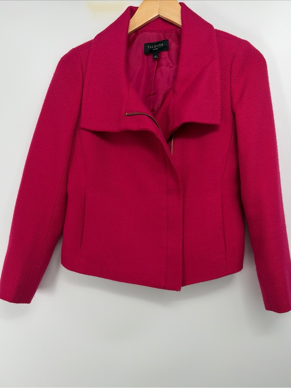 Talbots Moto Zip Jacket hot Pink Blazer Sz 2 Petite Career Work Wool blend EUC